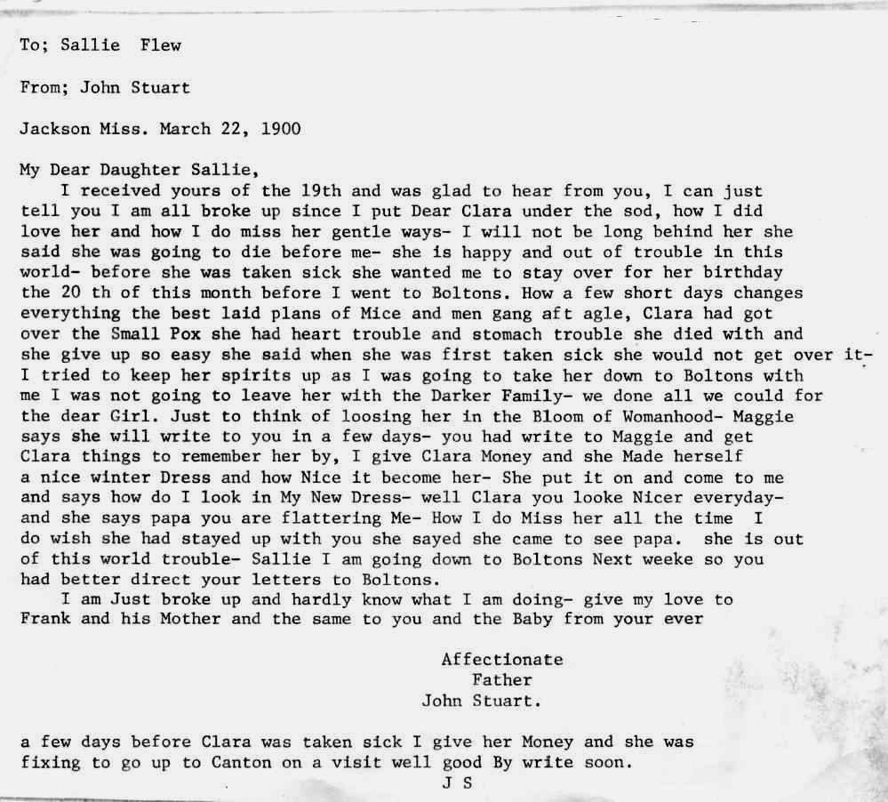 John Stuart letter to Sallie (transcribed).